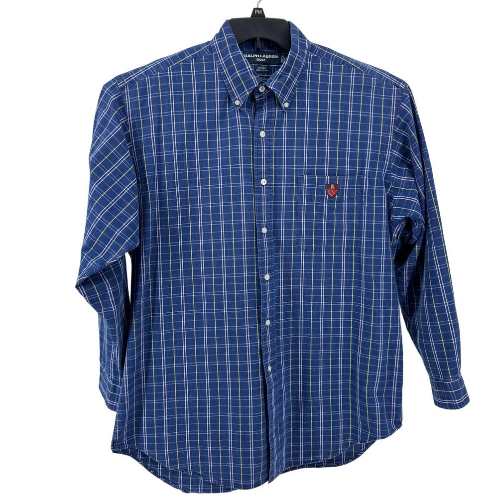 Ralph Lauren‎ Golf Shirt Mens L Blue Plaid Tilden Cotton Button Down Crest Patch
